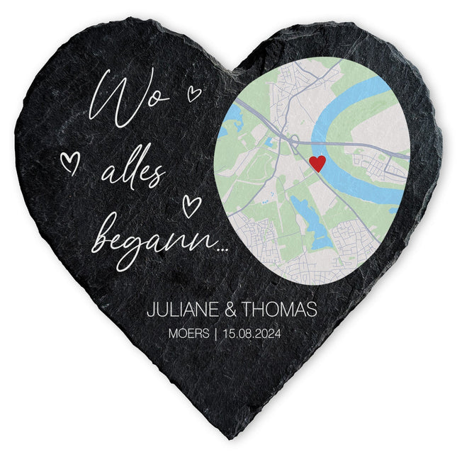 SEO. Bedrucktes Schieferherz - Wo alles begann - Personalisiertes Geschenk - 12 x 12 cm Linkreich