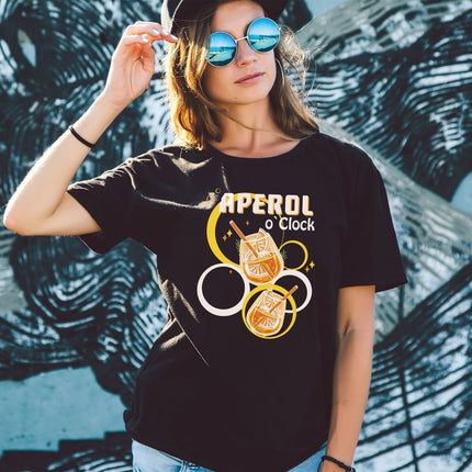 SEO. Bedrucktes T-Shirt für Damen - Aperol o´Clock - Schwarz Linkreich