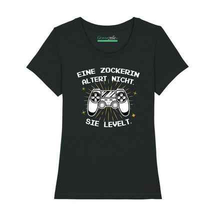 SEO. Bedrucktes T-Shirt für Damen - Eine Zockerin altert nicht - Schwarz Linkreich