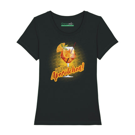 SEO. Bedrucktes T-Shirt für Damen - Hallöchen Aperölchen - Schwarz Linkreich