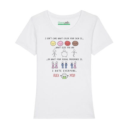 SEO. Bedrucktes T-Shirt für Damen - I hate everyone - Weiß Linkreich