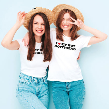 SEO. Bedrucktes T-Shirt für Damen - I love my hot Boyfriend - Weiß Linkreich