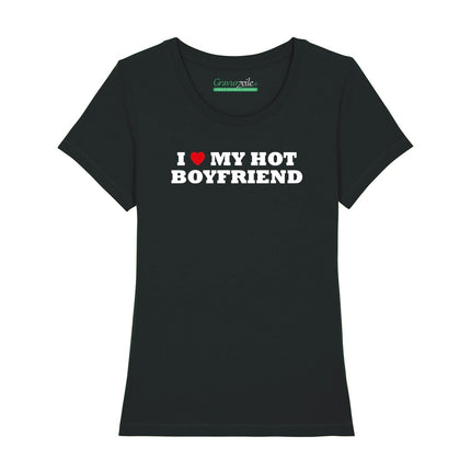 SEO. Bedrucktes T-Shirt für Damen - I love my hot Boyfriend - Schwarz Linkreich