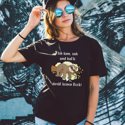 SEO. Bedrucktes T-Shirt für Damen - Ich kam sah kein Bock - Weiß Linkreich