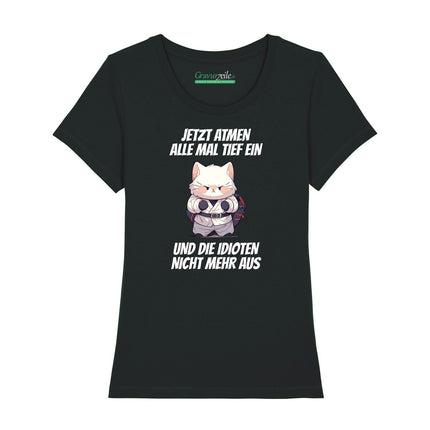 SEO. Bedrucktes T-Shirt für Damen - Jetzt atmen alle mal - Schwarz Linkreich