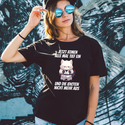 SEO. Bedrucktes T-Shirt für Damen - Jetzt atmen alle mal - Schwarz Linkreich