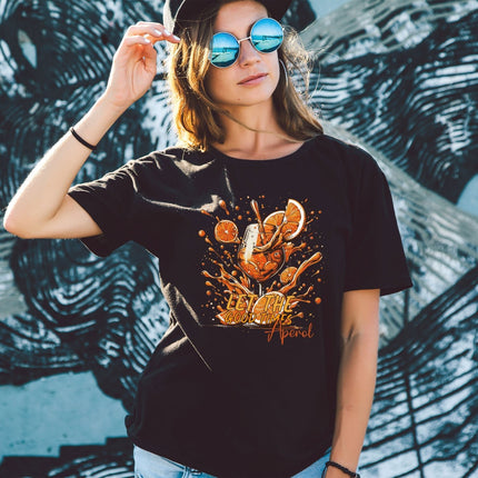 SEO. Bedrucktes T-Shirt für Damen - Let the good times aperol - Schwarz Linkreich