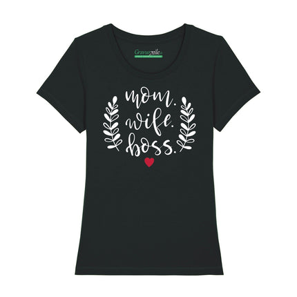 SEO. Bedrucktes T-Shirt für Damen - Mom. Wife. Boss. - Schwarz Linkreich