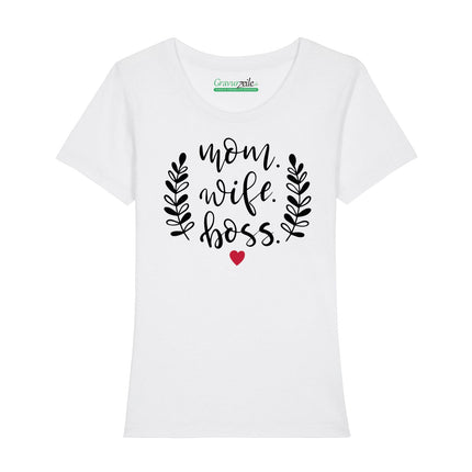 SEO. Bedrucktes T-Shirt für Damen - Mom. Wife. Boss. - Weiß Linkreich