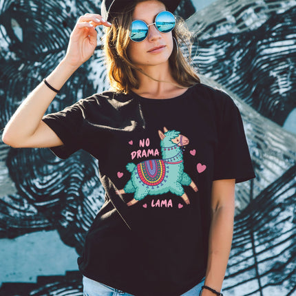 SEO. Bedrucktes T-Shirt für Damen - No drama Lama - Schwarz Linkreich