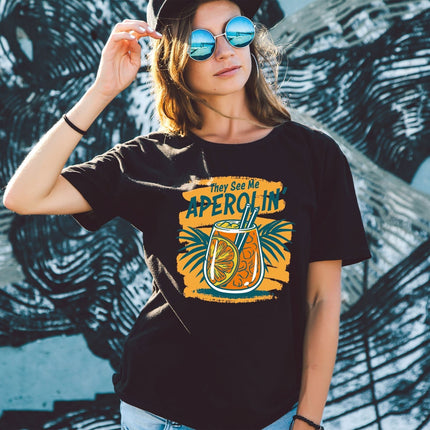 SEO. Bedrucktes T-Shirt für Damen - They see me aperolin - Schwarz Linkreich