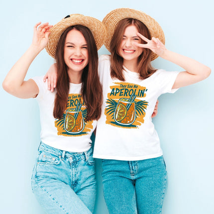 SEO. Bedrucktes T-Shirt für Damen - They see me aperolin - Weiß Linkreich