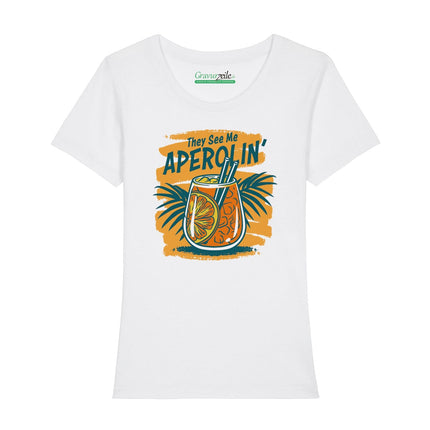 SEO. Bedrucktes T-Shirt für Damen - They see me aperolin - Weiß Linkreich