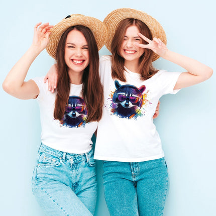 SEO. Bedrucktes T-Shirt für Damen - Waschbär - Weiß Linkreich