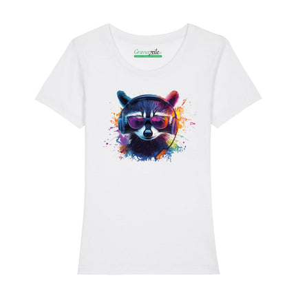 SEO. Bedrucktes T-Shirt für Damen - Waschbär - Weiß Linkreich