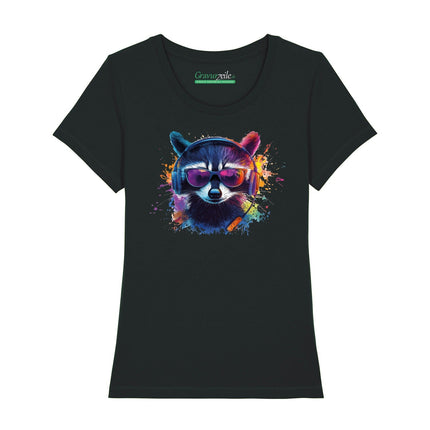 SEO. Bedrucktes T-Shirt für Damen - Waschbär - Schwarz Linkreich