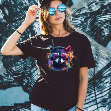 SEO. Bedrucktes T-Shirt für Damen - Waschbär - Schwarz Linkreich