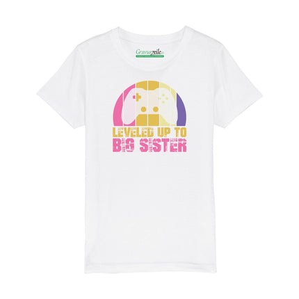 SEO. Bedrucktes T-Shirt für Kinder - Leveled up Big Sister - Weiß Linkreich