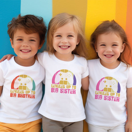 SEO. Bedrucktes T-Shirt für Kinder - Leveled up Big Sister - Weiß Linkreich
