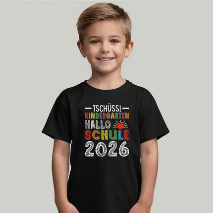 SEO. Bedrucktes T-Shirt für Kinder - Tschüss Kindergarten, Hallo Schule - Weiß Linkreich
