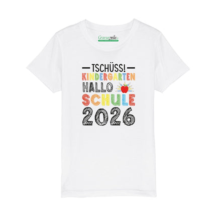 SEO. Bedrucktes T-Shirt für Kinder - Tschüss Kindergarten, Hallo Schule - Weiß Linkreich