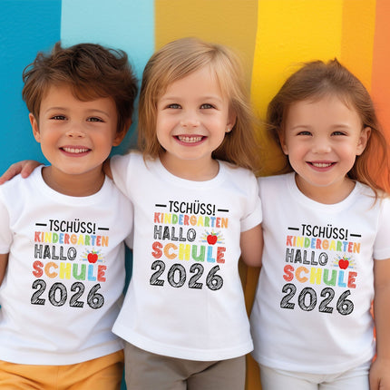 SEO. Bedrucktes T-Shirt für Kinder - Tschüss Kindergarten, Hallo Schule - Weiß Linkreich