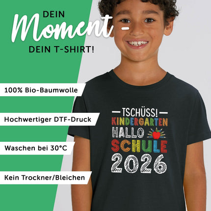 SEO. Bedrucktes T-Shirt für Kinder - Tschüss Kindergarten, Hallo Schule - Weiß Linkreich