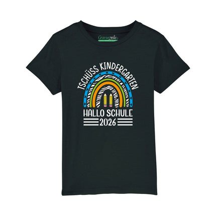 SEO. Bedrucktes T-Shirt für Kinder - Tschüss Kindergarten Regenbogen Blau - Schwarz Linkreich
