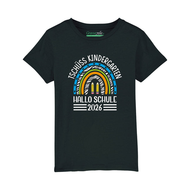 SEO. Bedrucktes T-Shirt für Kinder - Tschüss Kindergarten Regenbogen Blau - Schwarz Linkreich