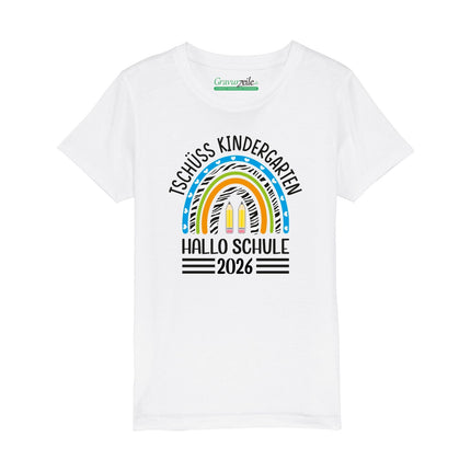 SEO. Bedrucktes T-Shirt für Kinder - Tschüss Kindergarten Regenbogen Blau - Weiß Linkreich