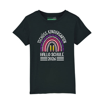 SEO. Bedrucktes T-Shirt für Kinder - Tschüss Kindergarten Regenbogen Lila - Schwarz Linkreich