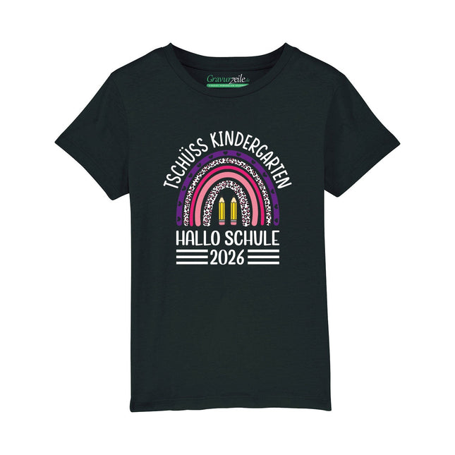 SEO. Bedrucktes T-Shirt für Kinder - Tschüss Kindergarten Regenbogen Lila - Schwarz Linkreich