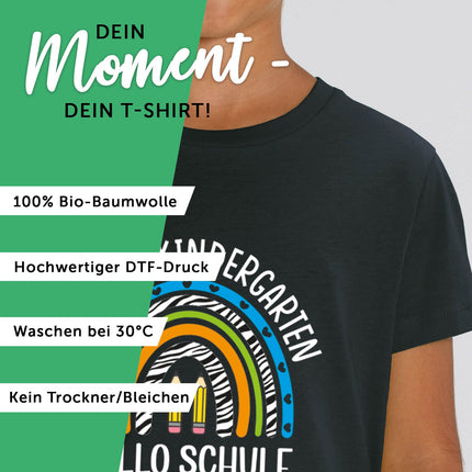 SEO. Bedrucktes T-Shirt für Kinder - Tschüss Kindergarten Regenbogen Lila - Weiß Linkreich