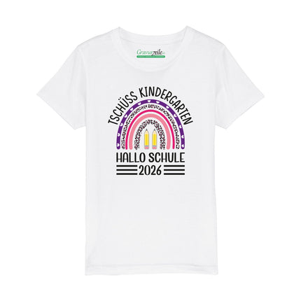 SEO. Bedrucktes T-Shirt für Kinder - Tschüss Kindergarten Regenbogen Lila - Weiß Linkreich