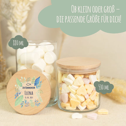 SEO. Bedrucktes Vorratsglas mit Holzdeckel - Kommunion Pflanzen - Groß Linkreich