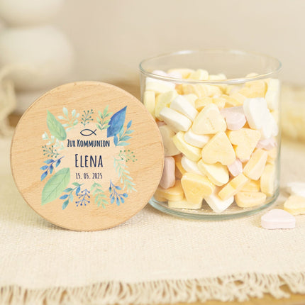 SEO. Bedrucktes Vorratsglas mit Holzdeckel - Kommunion Pflanzen - Klein Linkreich