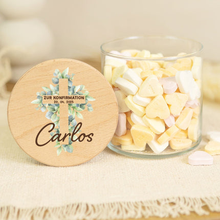SEO. Bedrucktes Vorratsglas mit Holzdeckel - Konfirmation Kreuz - Klein Linkreich