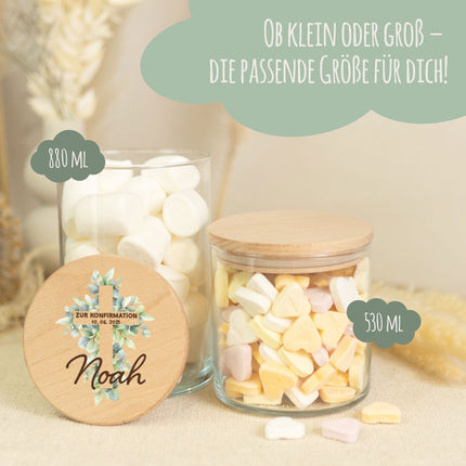 SEO. Bedrucktes Vorratsglas mit Holzdeckel - Konfirmation Kreuz - Groß Linkreich