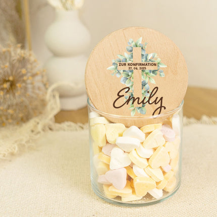 SEO. Bedrucktes Vorratsglas mit Holzdeckel - Konfirmation Kreuz - Groß Linkreich