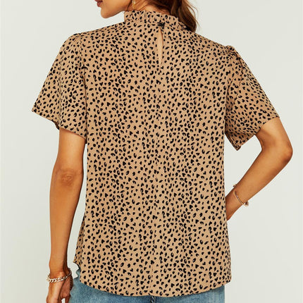 Little Heart Print Angle Sleeve High Neck Top/Blouse In Beige
