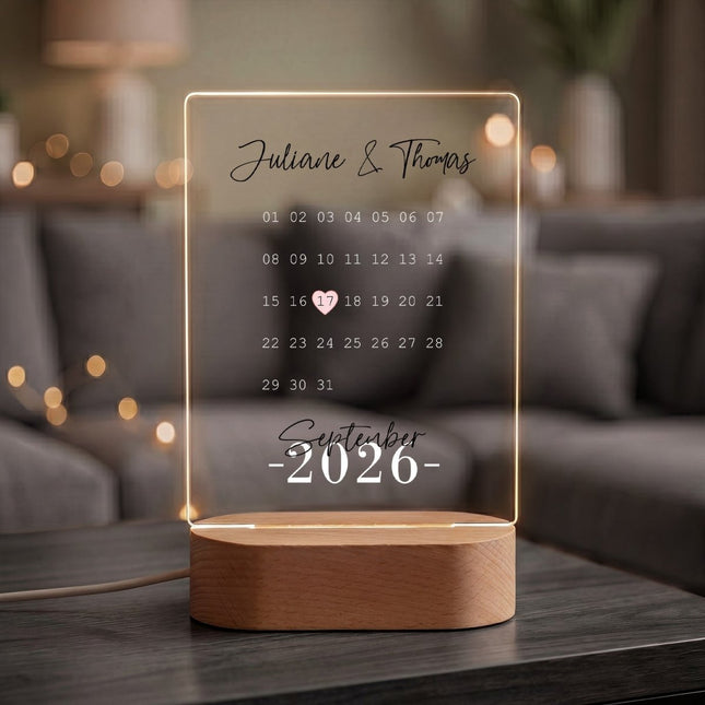SEO. Beleuchtetes Acrylglas - Kalender - Personalisiertes Geschenk mit Namen & Datum - Linkreich