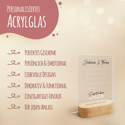 SEO. Beleuchtetes Acrylglas - Kalender - Personalisiertes Geschenk mit Namen & Datum - Linkreich