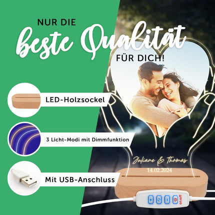 SEO. Beleuchtetes LED Acrylglas mit Foto, Namen & Datum - Herz in Händen - Linkreich