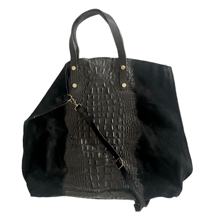 Leder Beutel Tasche Krokooptik Veloursleder Schwarz