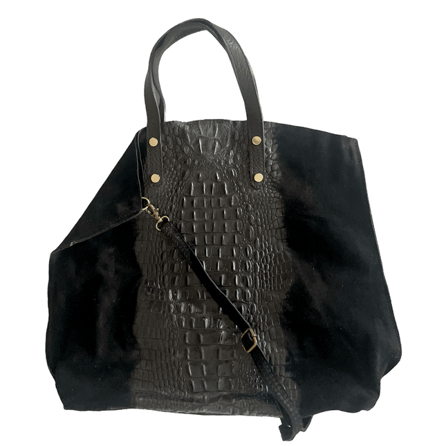 Leder Beutel Tasche Krokooptik Veloursleder Schwarz