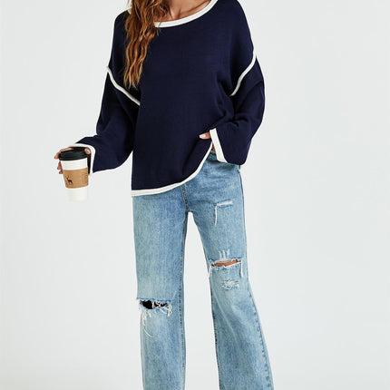 White Striped Oversized Jumper Top In Navy