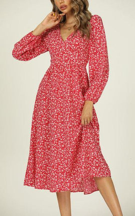 Button Down V Neck Long Sleeve Midi Dress In Red Floral Print