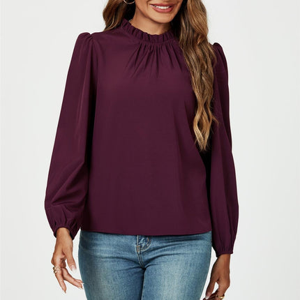 Frill Detail High Neck Top In Plum