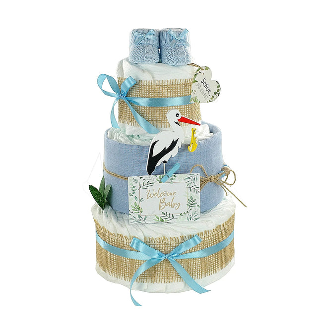 Windeltorte Storch mit Babybooties und Mullwindel blau