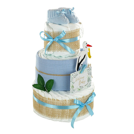 Windeltorte Storch mit Bündel | inkl. Babybooties und Mullwindel | blau